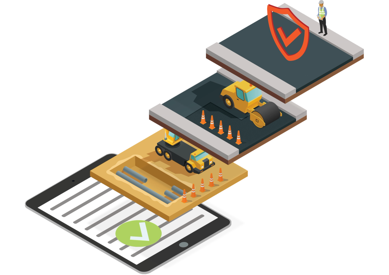 Isometric illustration of the layers of a road being built and checked