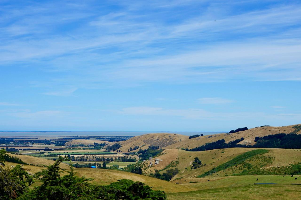 View from the hills out over the farmland of the Canterbury Plains towards the coast