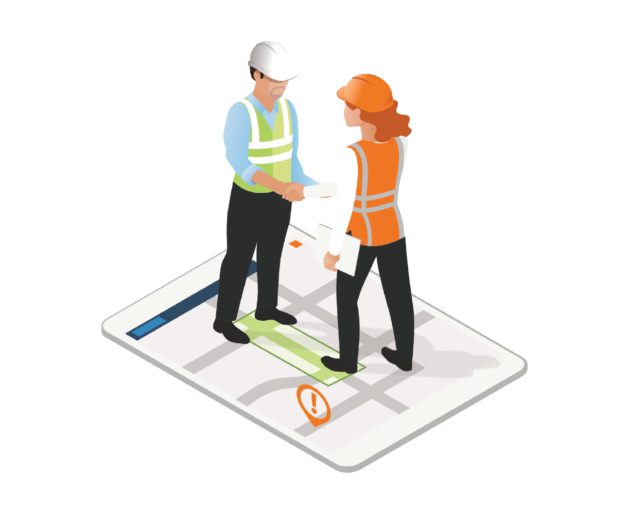Illustration of a council officer and a contractor shaking hands on a tablet showing a road map