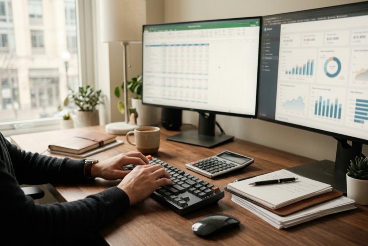 A finance professional reconciling accounts across two monitors.