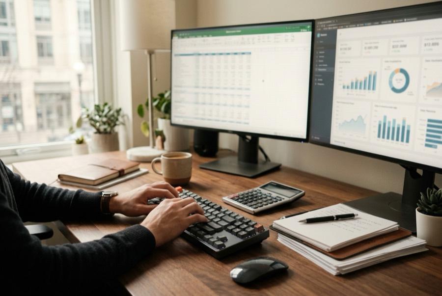 A finance professional reconciling accounts across two monitors.