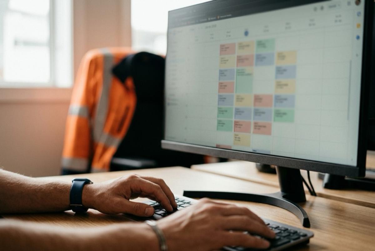 A coordinator scheduling trade jobs on a calendar, a hi-vis jacket on the chair behind.