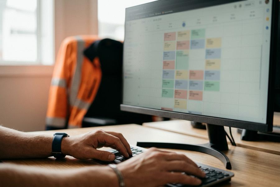 A coordinator scheduling trade jobs on a calendar, a hi-vis jacket on the chair behind.