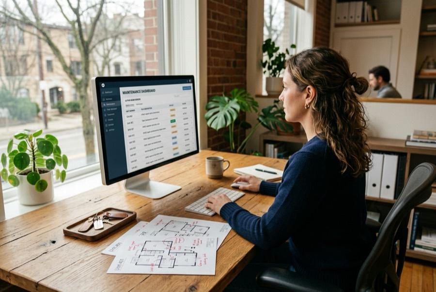A property administrator reviewing a maintenance dashboard beside a set of floor plans.