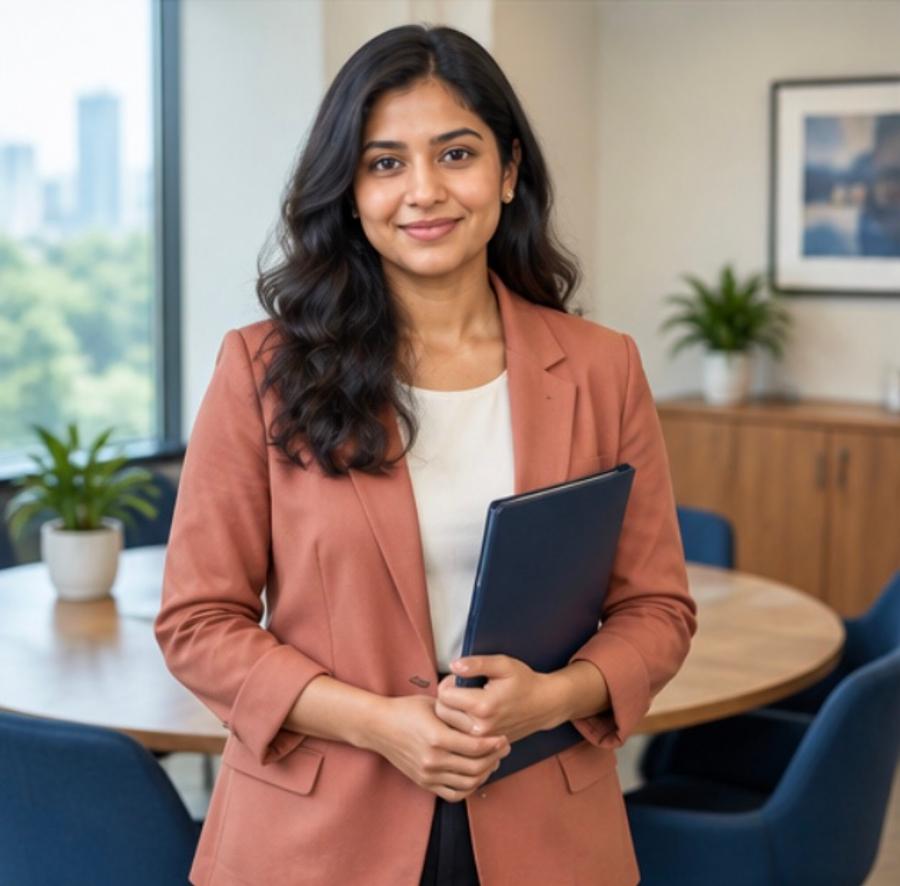 Riya, an executive assistant, standing in a meeting room with a folder in her hands.