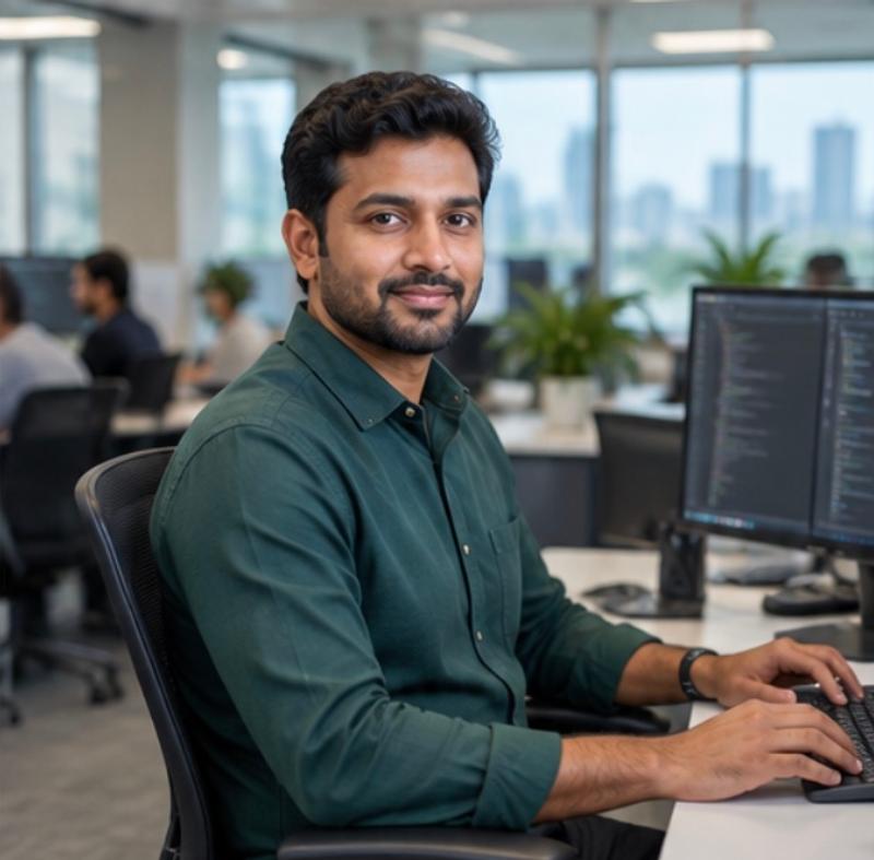 Kasun at his desk in an open-plan office, turned from a monitor of code.