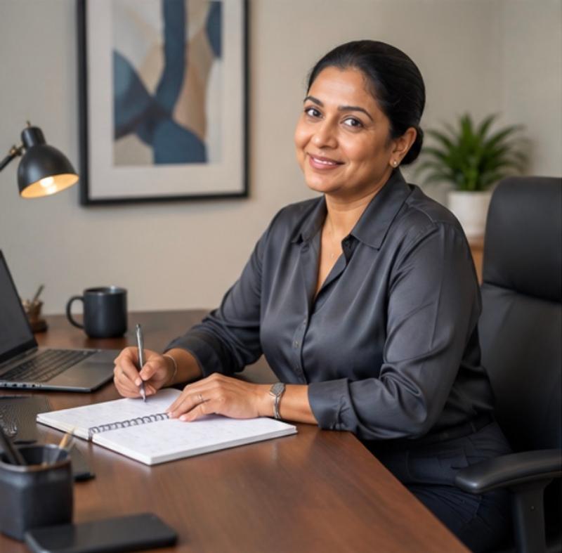 Nilmini at her desk, writing in a notebook beside an open laptop.