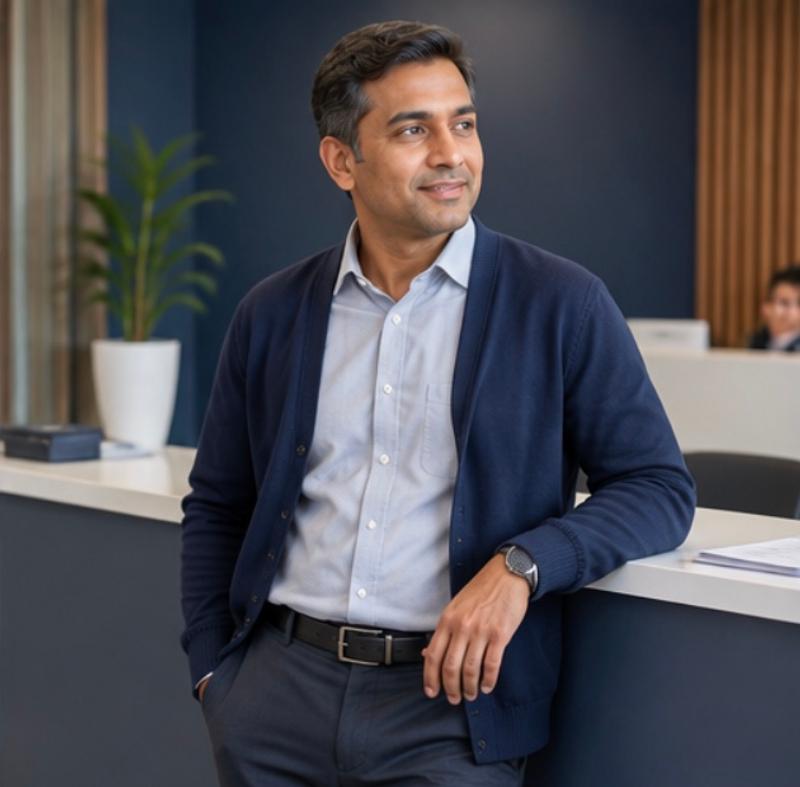 Nuwan leaning on a reception counter, looking across the office.