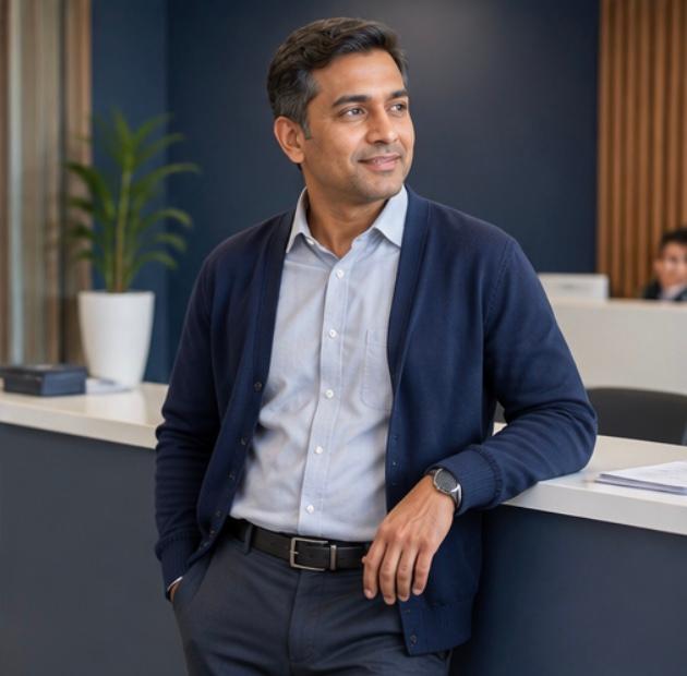 Nuwan leaning on a reception counter, looking across the office.