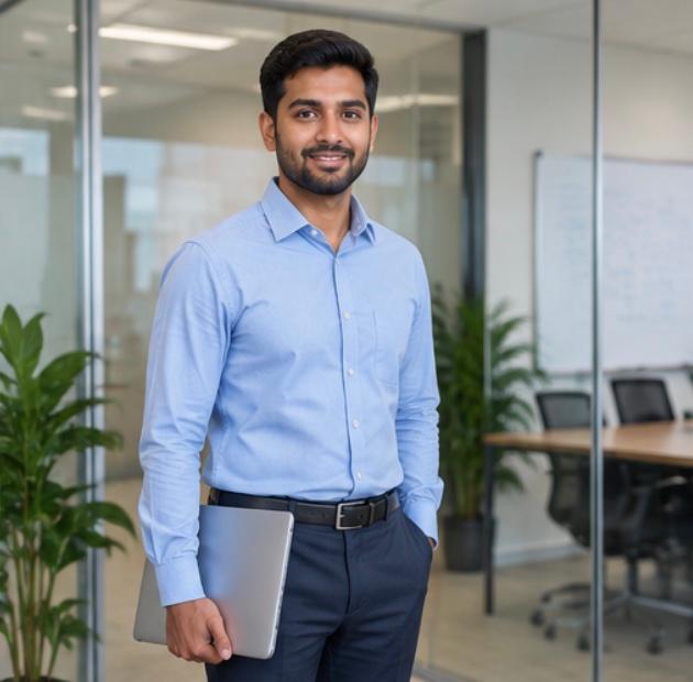 Dilan standing in a glass-walled office with a laptop under his arm.