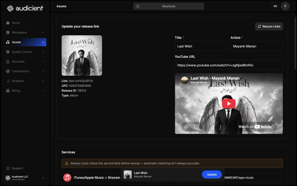 Audicient Edit smartlink screen with a Rescan Links button, the title, artist and YouTube URL fields, a live YouTube video preview, and release details (link, UPC, release ID)