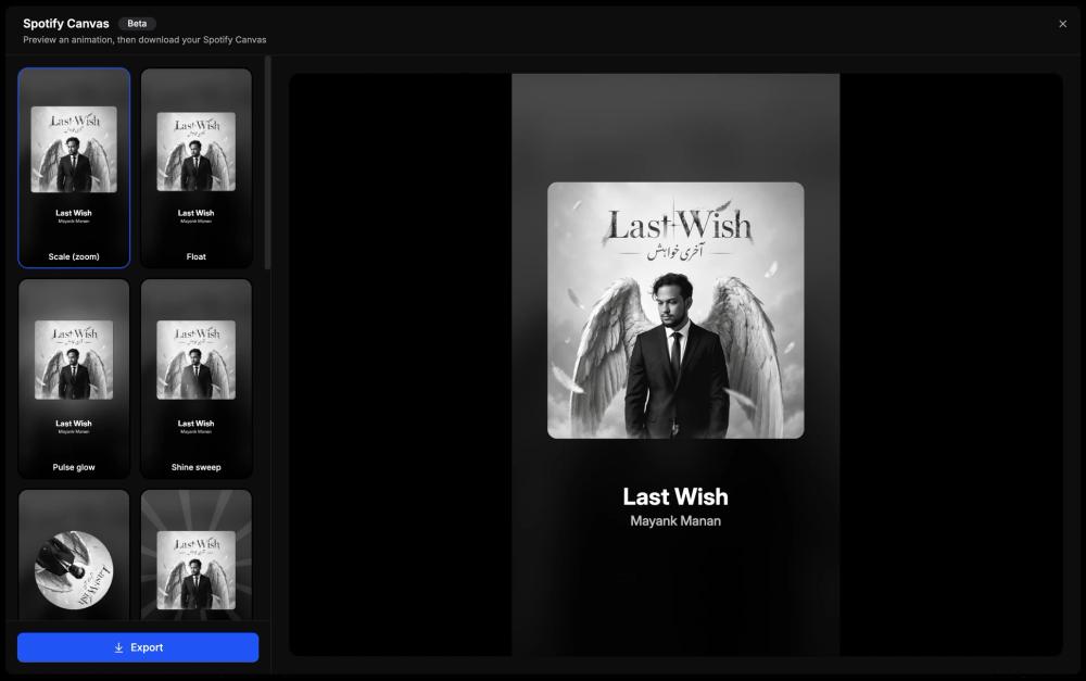 Spotify Canvas generator previewing a looping animation of the Last Wish cover art with selectable animation styles