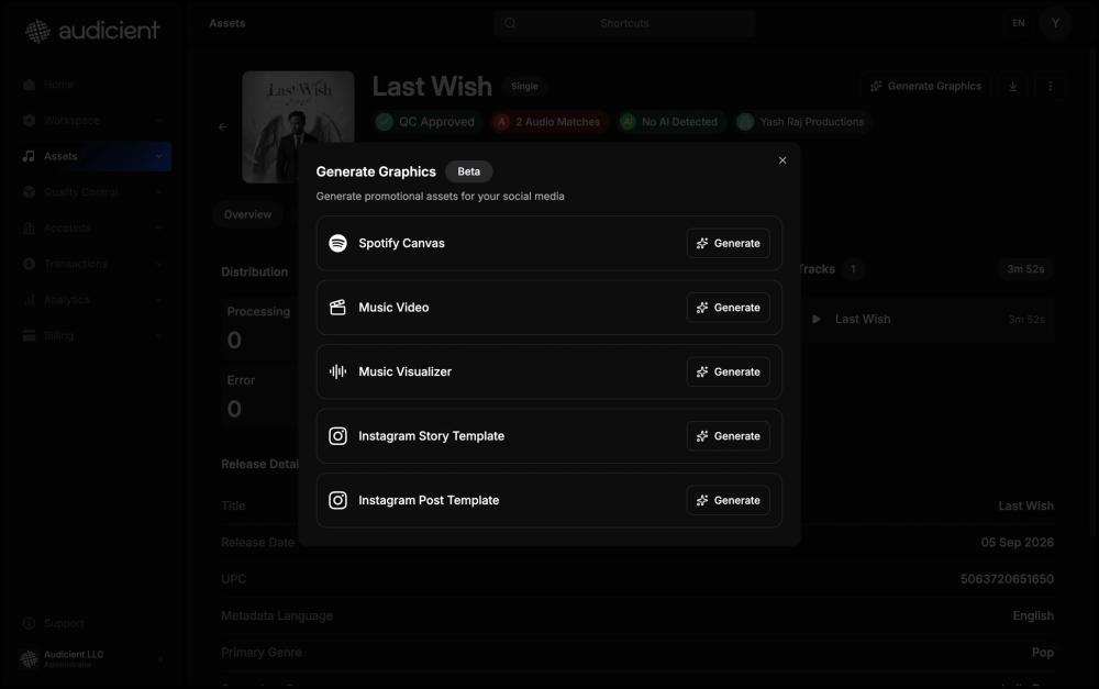 Audicient dashboard showing the Generate Graphics panel with Spotify Canvas, Music Video, Music Visualizer, and Instagram Story and Post options