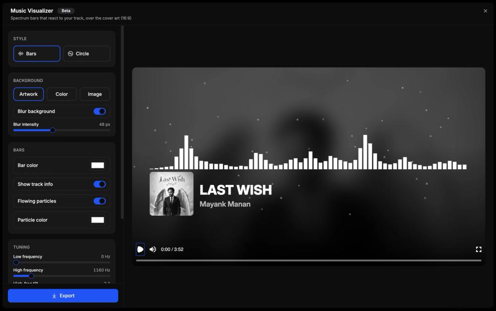 Music Visualizer generator with spectrum bars reacting over the Last Wish cover art, plus style and background controls