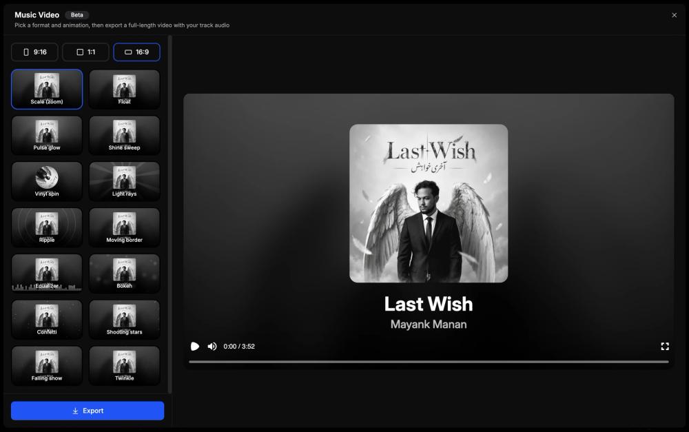 Music Video generator with 9:16, 1:1 and 16:9 format options and animation styles, previewing the Last Wish track