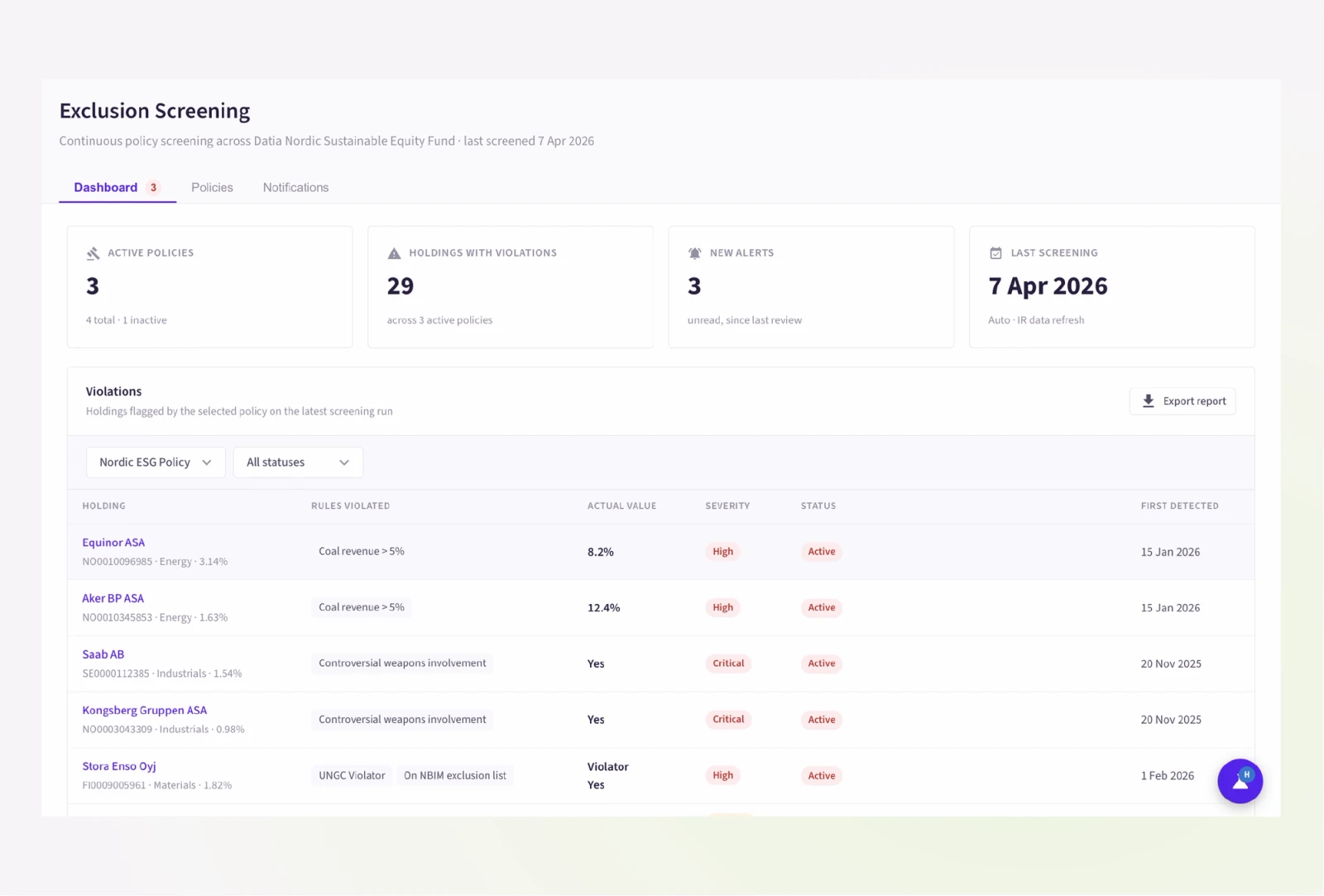 A list of violations displayed in the exclusion screening feature