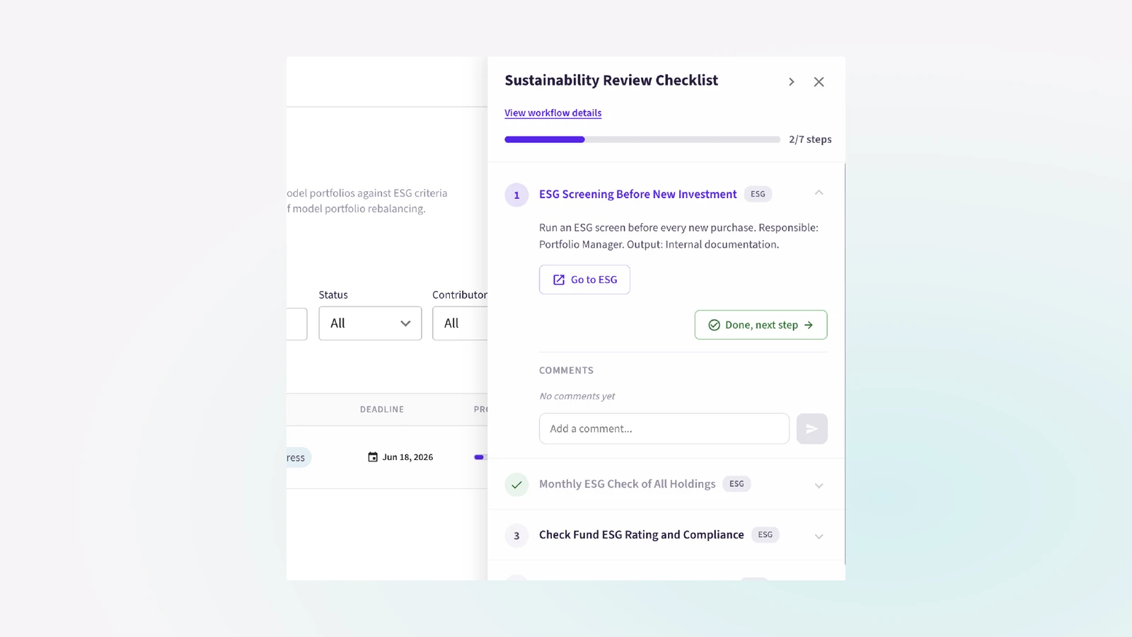 A sidebar showing a current workflow in progress