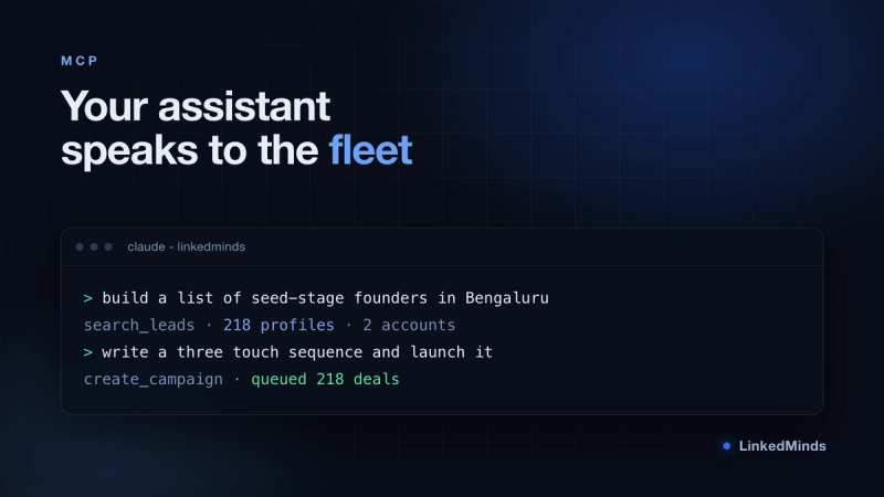 A terminal where an assistant builds a lead list and launches a campaign over MCP