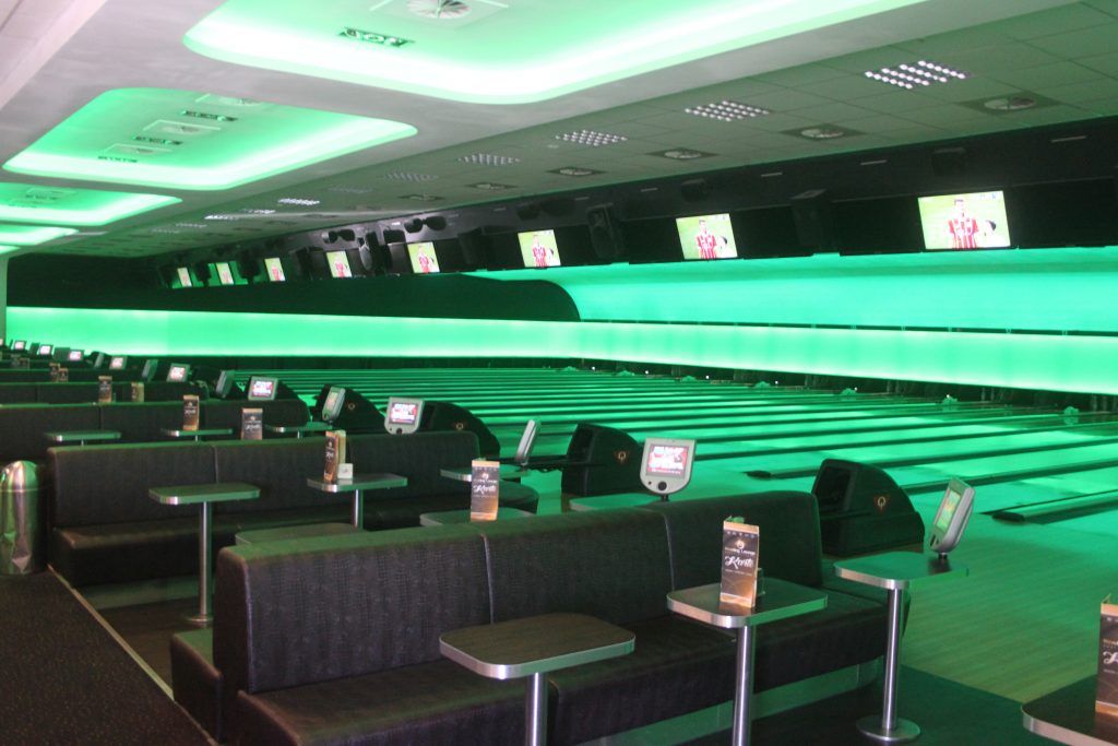 Green-lit lanes at Bowling Lounge MG.
