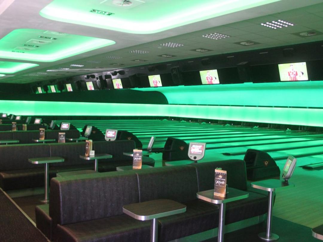 Colourful lighting at the lanes of Bowling Lounge MG.