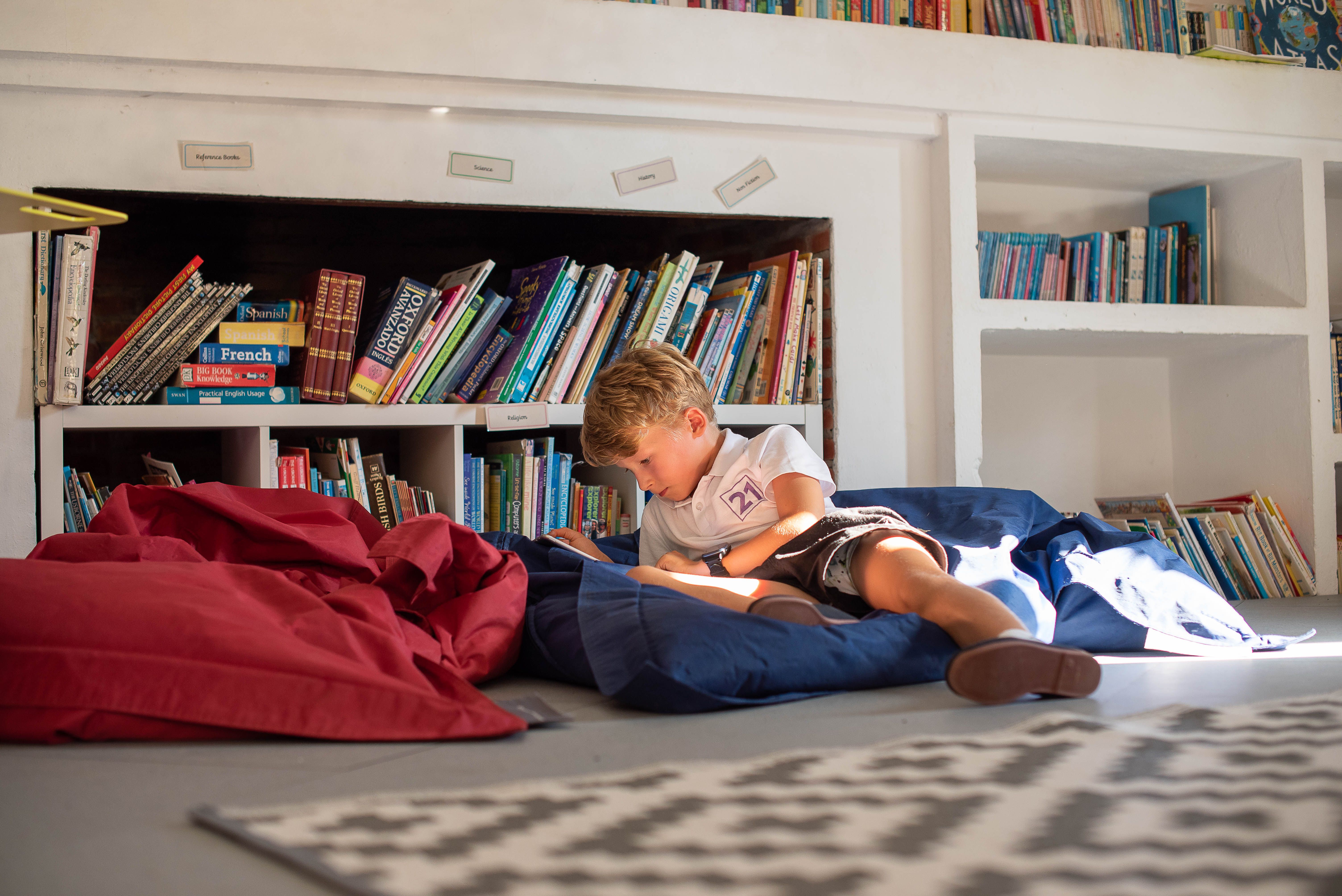 small boy reading book on bean bag in school library