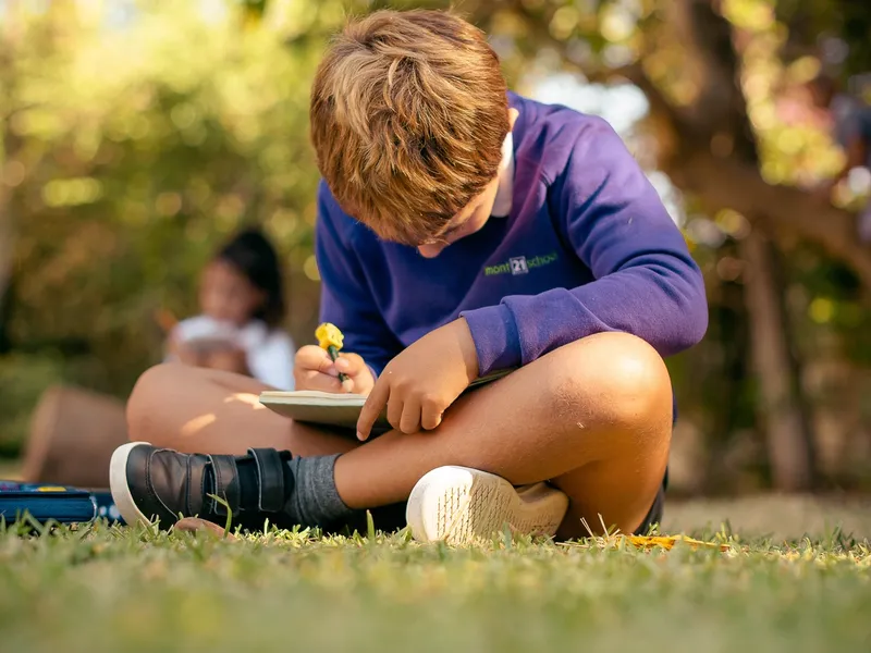 small school boy working in outside environment
