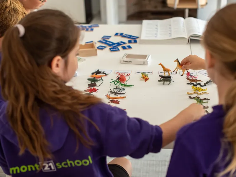 young girls using Montessori animal material