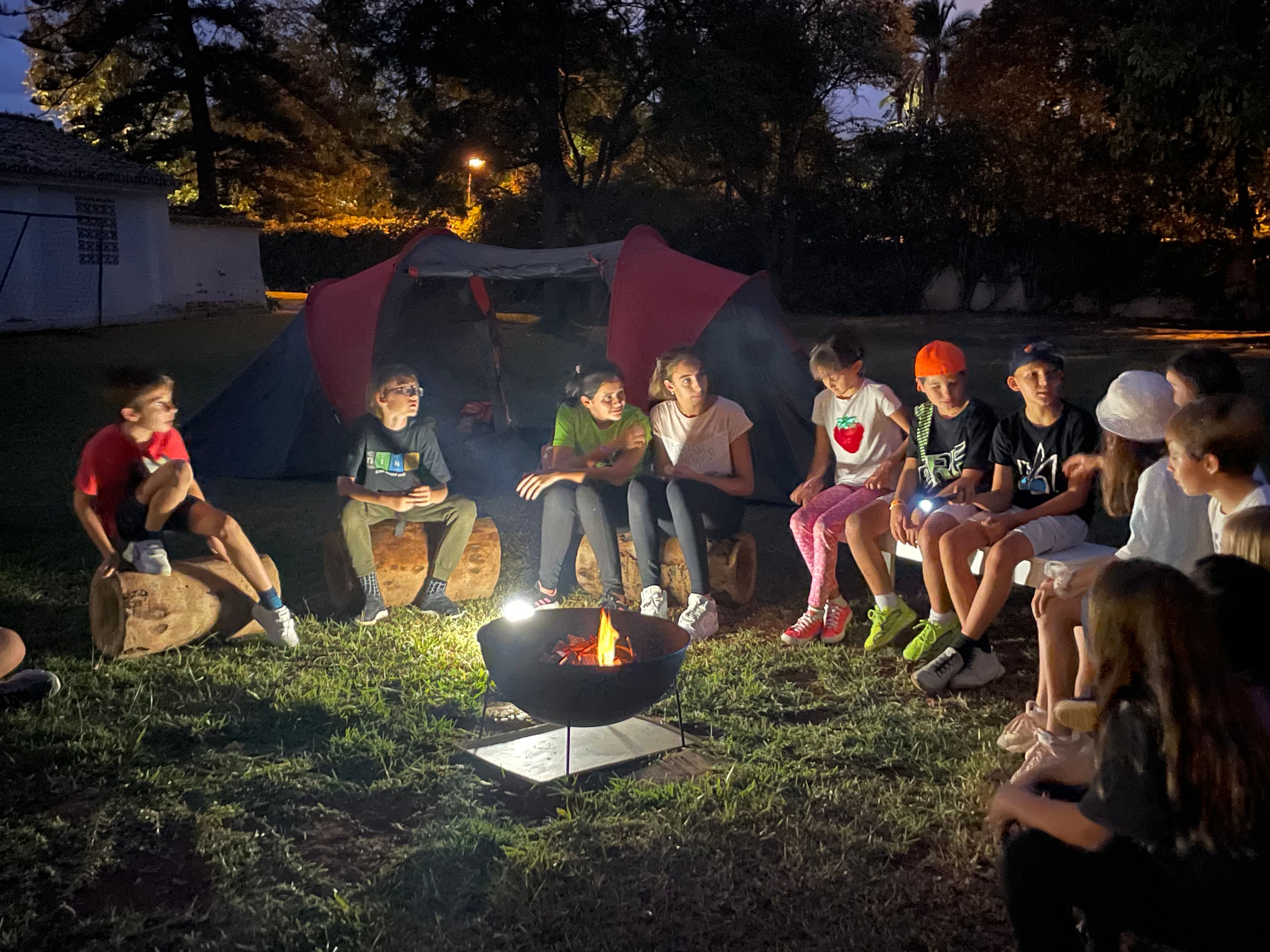 young children having fun around fire pit during school camping weekend