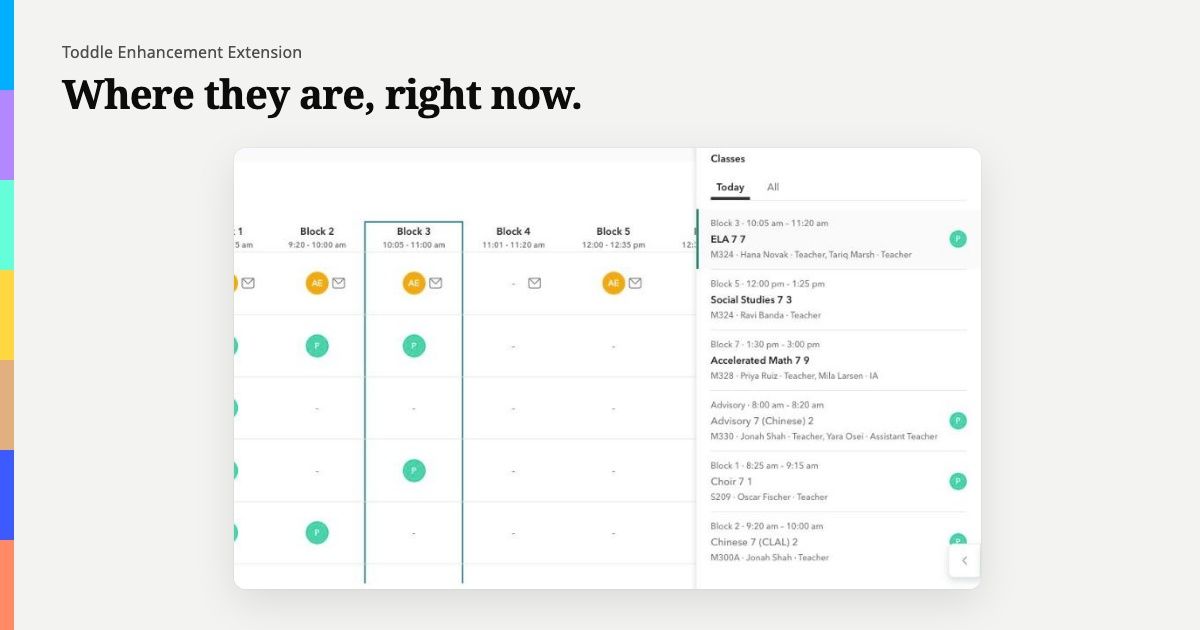 The sidebar's Classes section on the Today tab: each lesson with its block, times, room, teachers and that period's attendance code (test data)