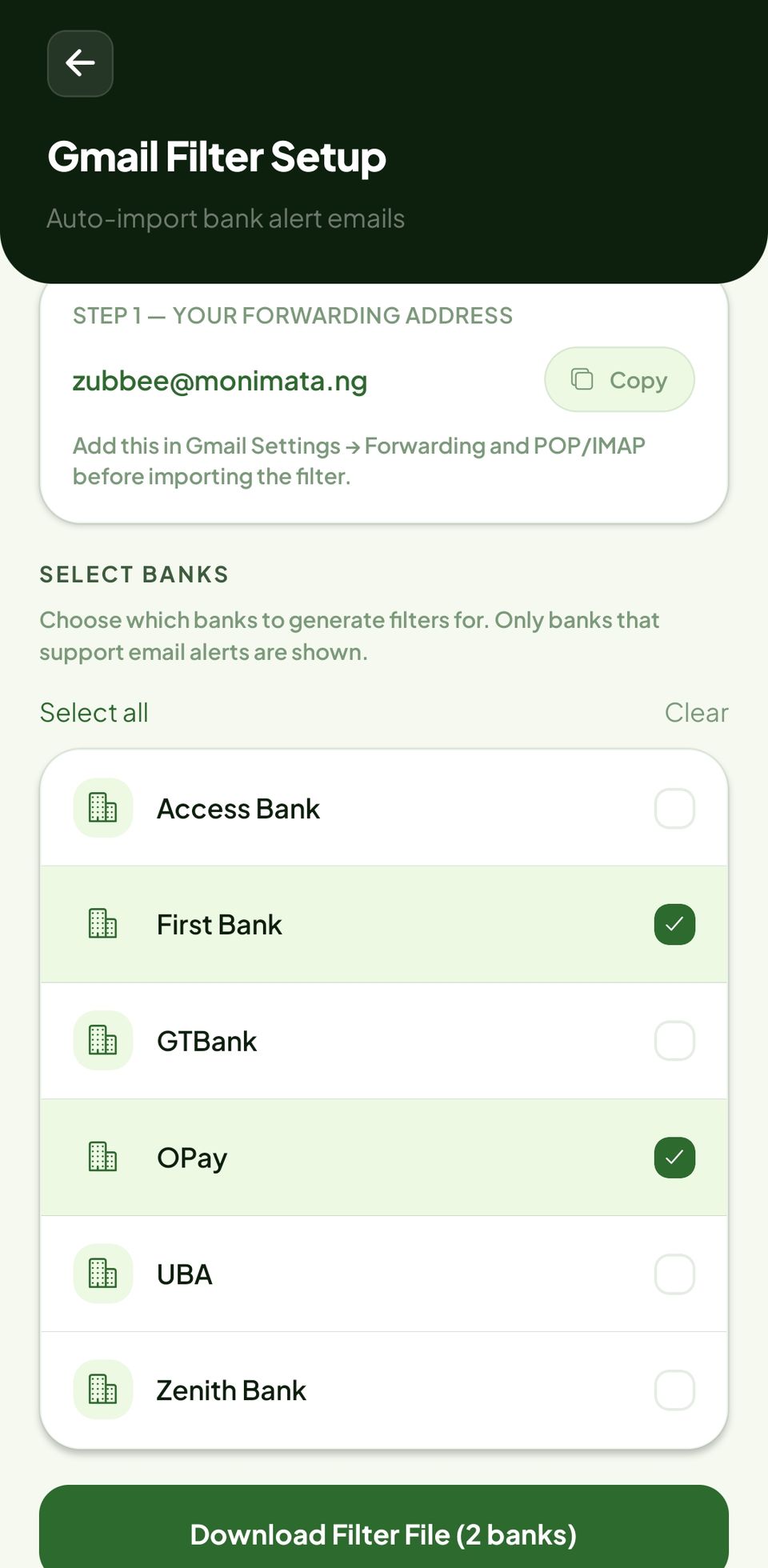 Bank selection screen for Gmail filter setup