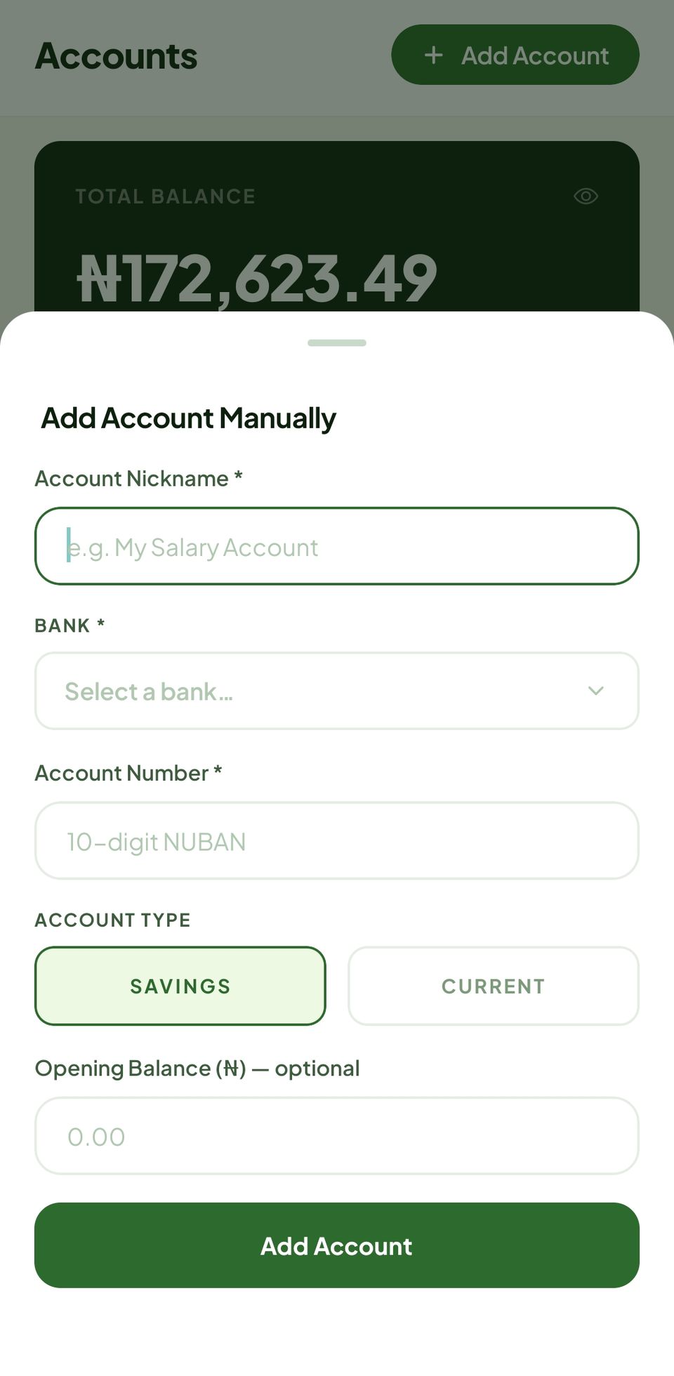 Add acount page with entered fields