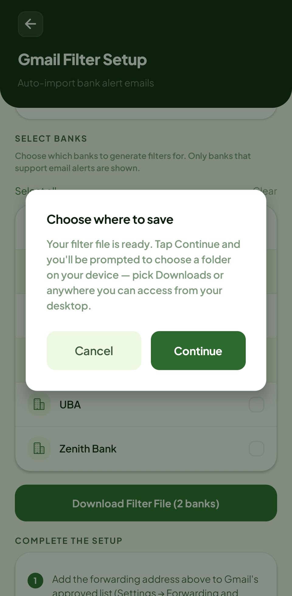 Download confirmation / file saved notification
