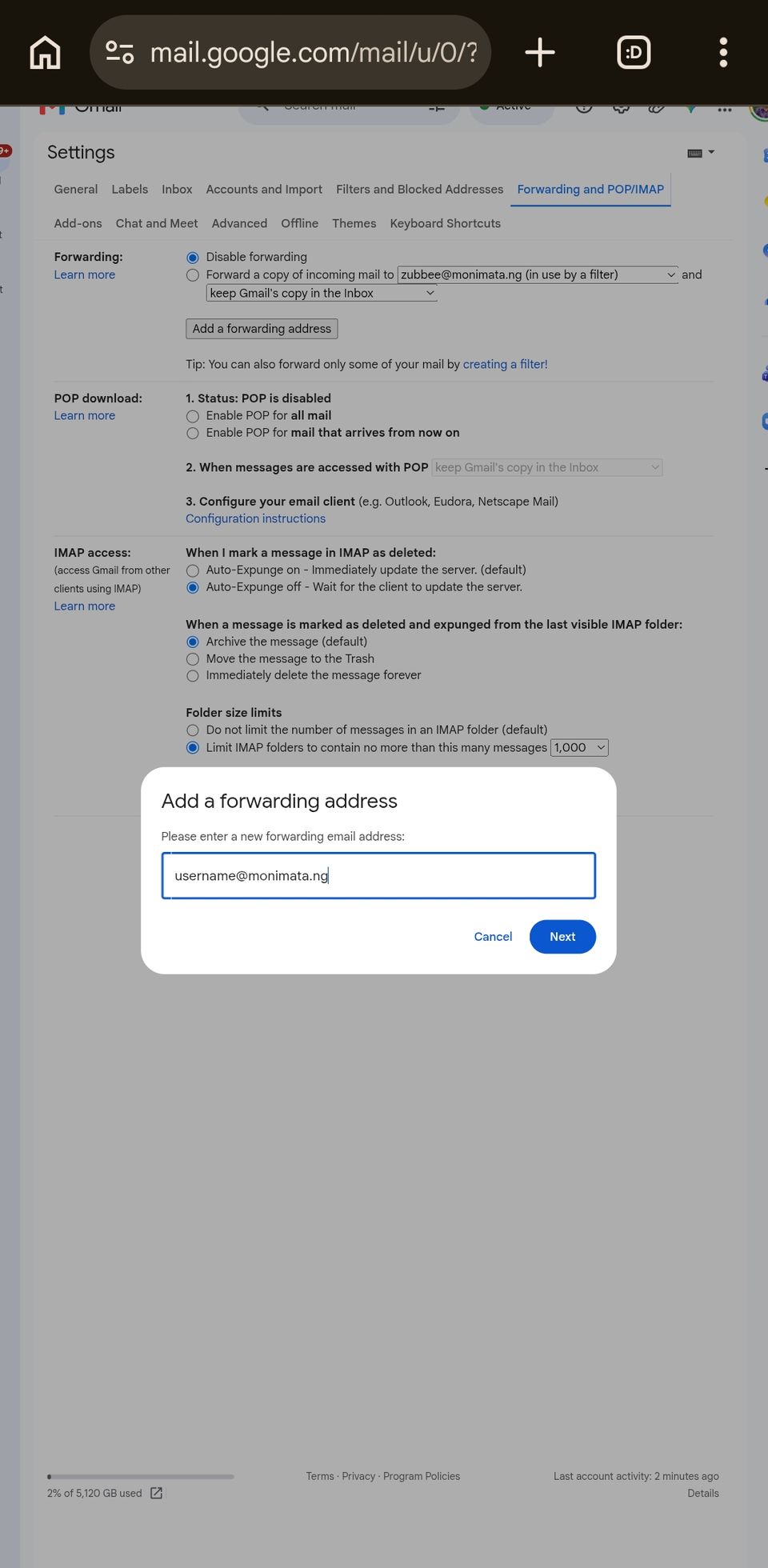 "Add a forwarding address" dialog with username@monimata.ng entered