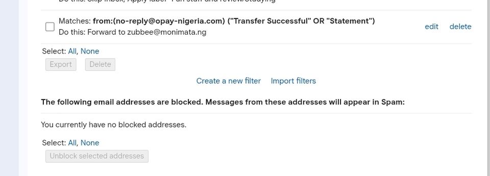 Gmail Settings → Filters and Blocked Addresses tab, "Import filters" link highlighted at the bottom