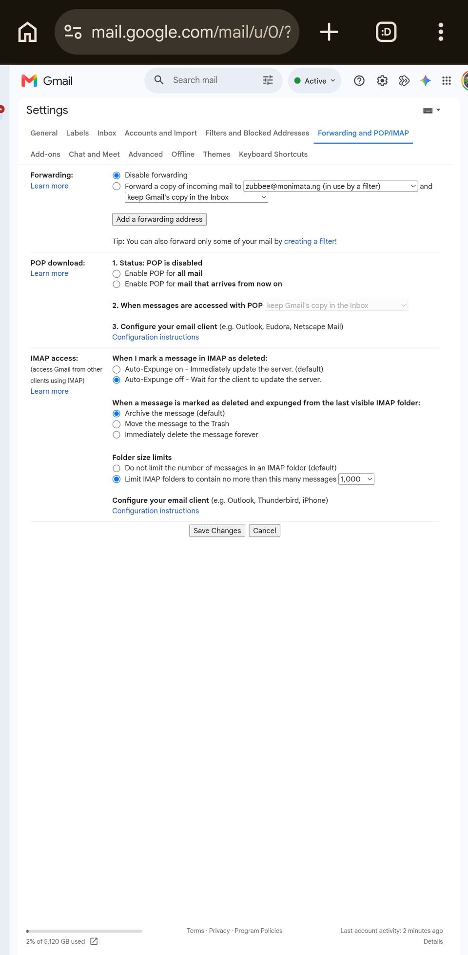 Gmail Settings → Forwarding and POP/IMAP tab with "Add a forwarding address" button highlighted