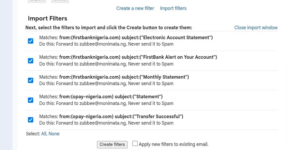 Gmail filter preview list showing forwarding rules 