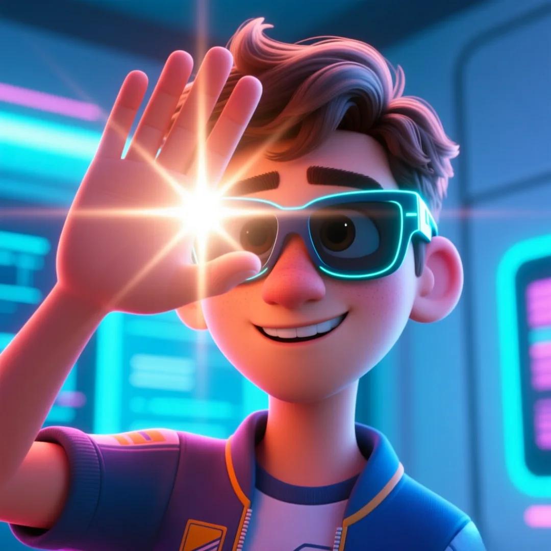 El personaje usando lentes protectores mientras es iluminado por un flash de luz repentino