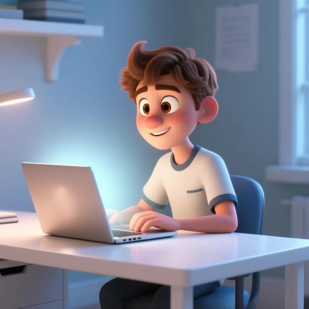 Imagen de un personaje sentado en su escritorio, con una laptop