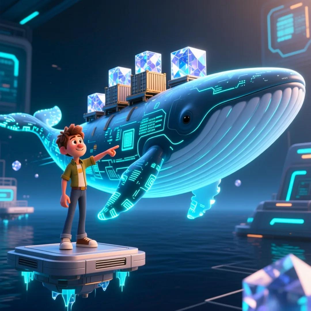 Personaje guiando a una ballena digital para que transporte contenedores de cristal, simbolizando la gestión de Docker