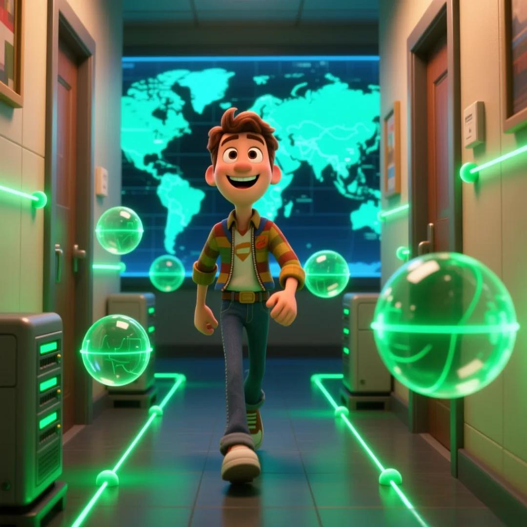 Imagen de un personaje paseando en un servidor con nodos flotantes
