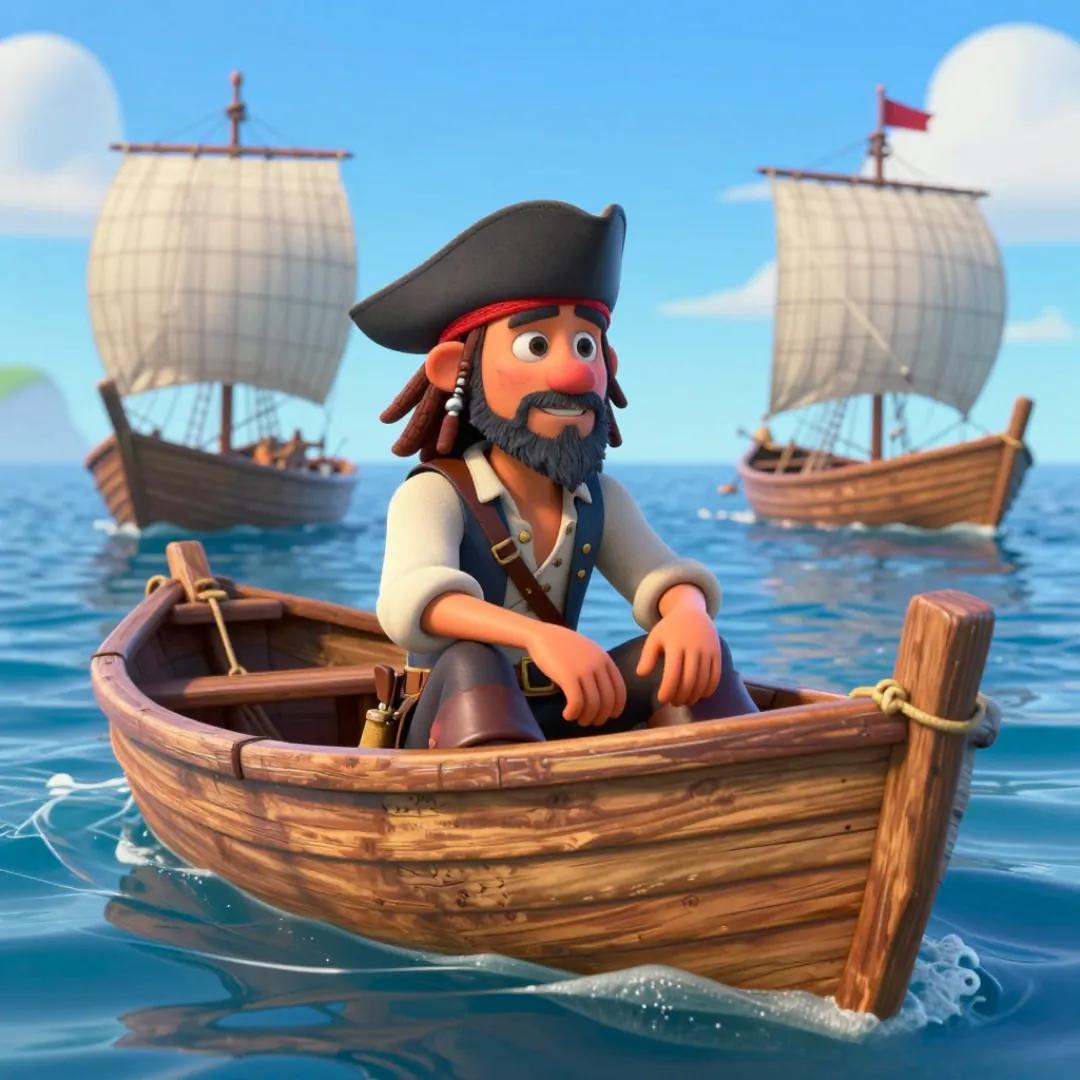 Ilustración de un personaje pirata en su barca, con más barcas alrededor