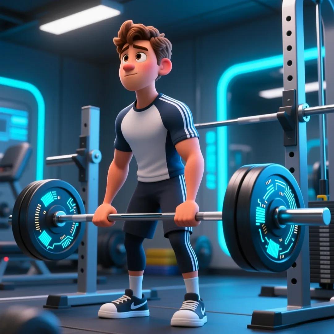 Ilustración de un personaje en un gimnasio levantando una barra de pesas