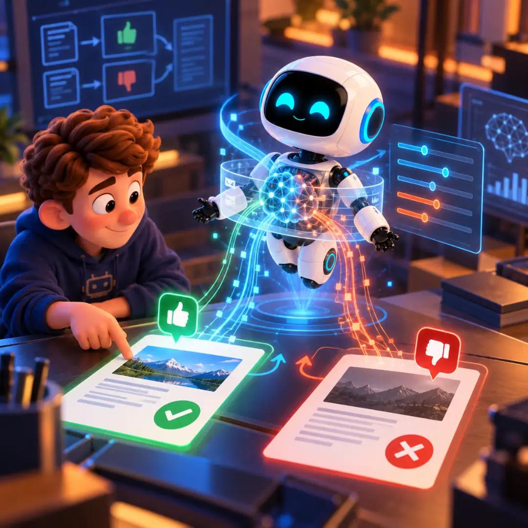 Un desarrollador supervisa a un bot IA mientras el sistema procesa señales de evaluación, representando cómo las recompensas se utilizan para ajustar el comportamiento del modelo