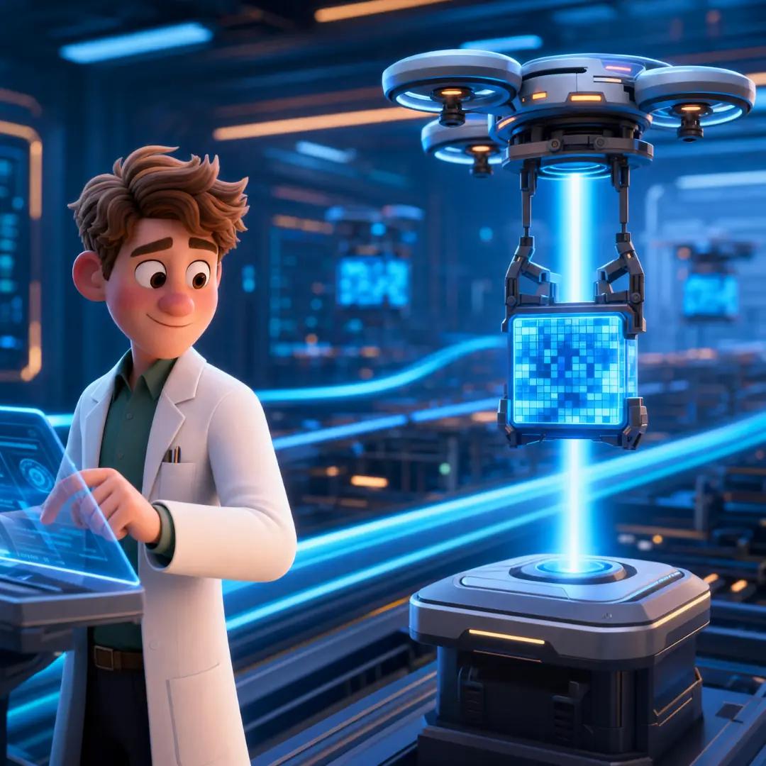 El personaje operando un panel tecnológico mientras delega un bloque de datos brillante a un dron de carga flotante
