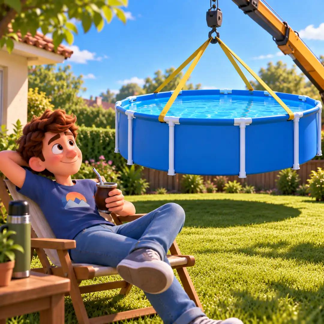 El personaje relajado mientras una grúa baja una pileta terminada al patio, simbolizando la inmediatez del Server-Side Rendering