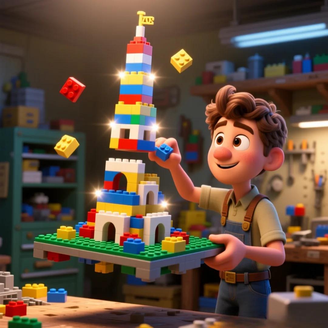 Imagen de un personaje con un castillo hecho con bloques modulares