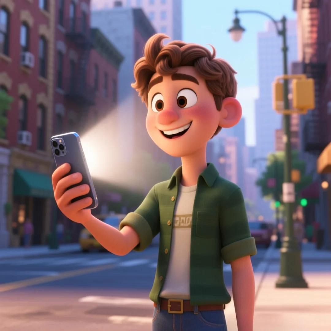 Imagen de un personaje con su celular, que le ilumina la cara