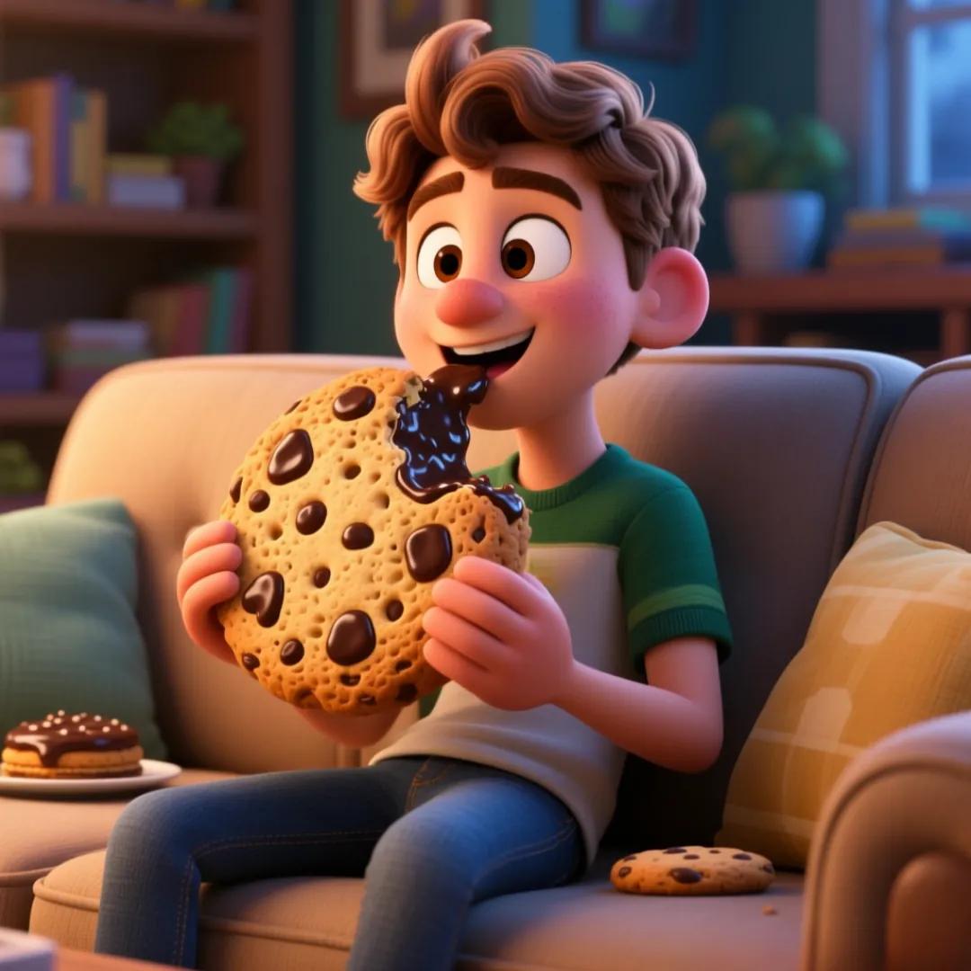 Imagen de un personaje sentado en el sillón comiendo una galleta enorme