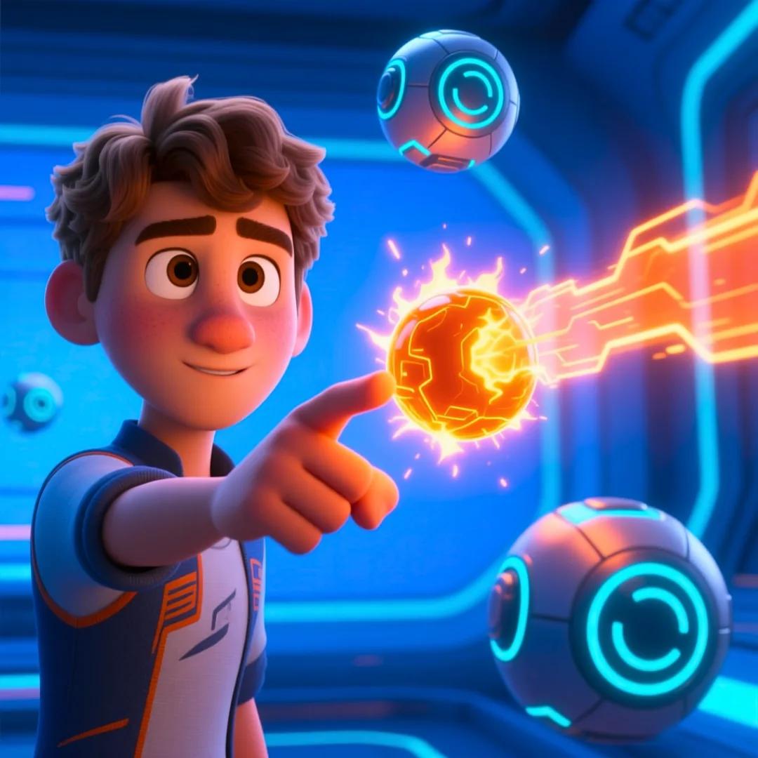 El personaje observando cómo la energía se propaga con precisión hacia un orbe tecnológico específico