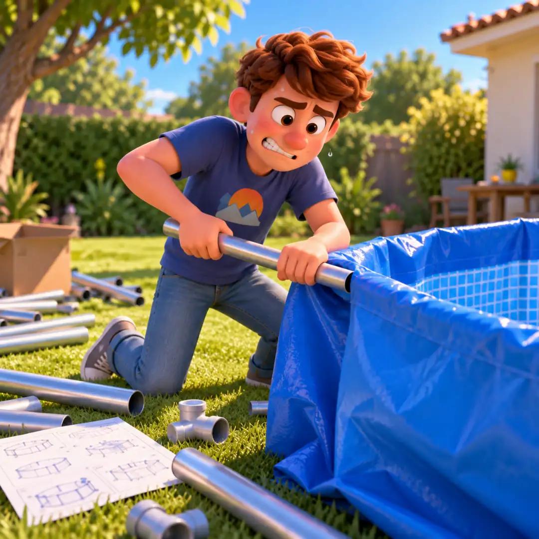 El personaje intenta armar una pileta de caños metálicos, simbolizando el esfuerzo del navegador en el Client-Side Rendering
